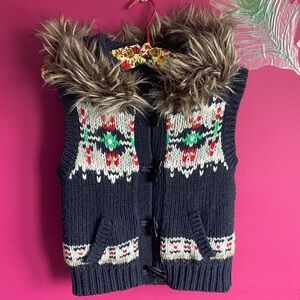 Vintage AE Knit Vest with Faux Fur Trim Hood
